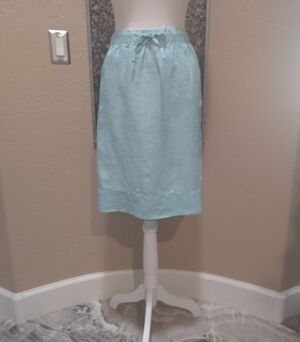 J. Jill Striped Aqua Blue Linen Midi Skirt with Drawstring Waist